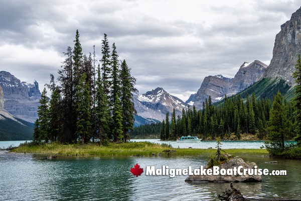 Boat Leaving Spirit Island on the Maligne Lake Boat Cruise